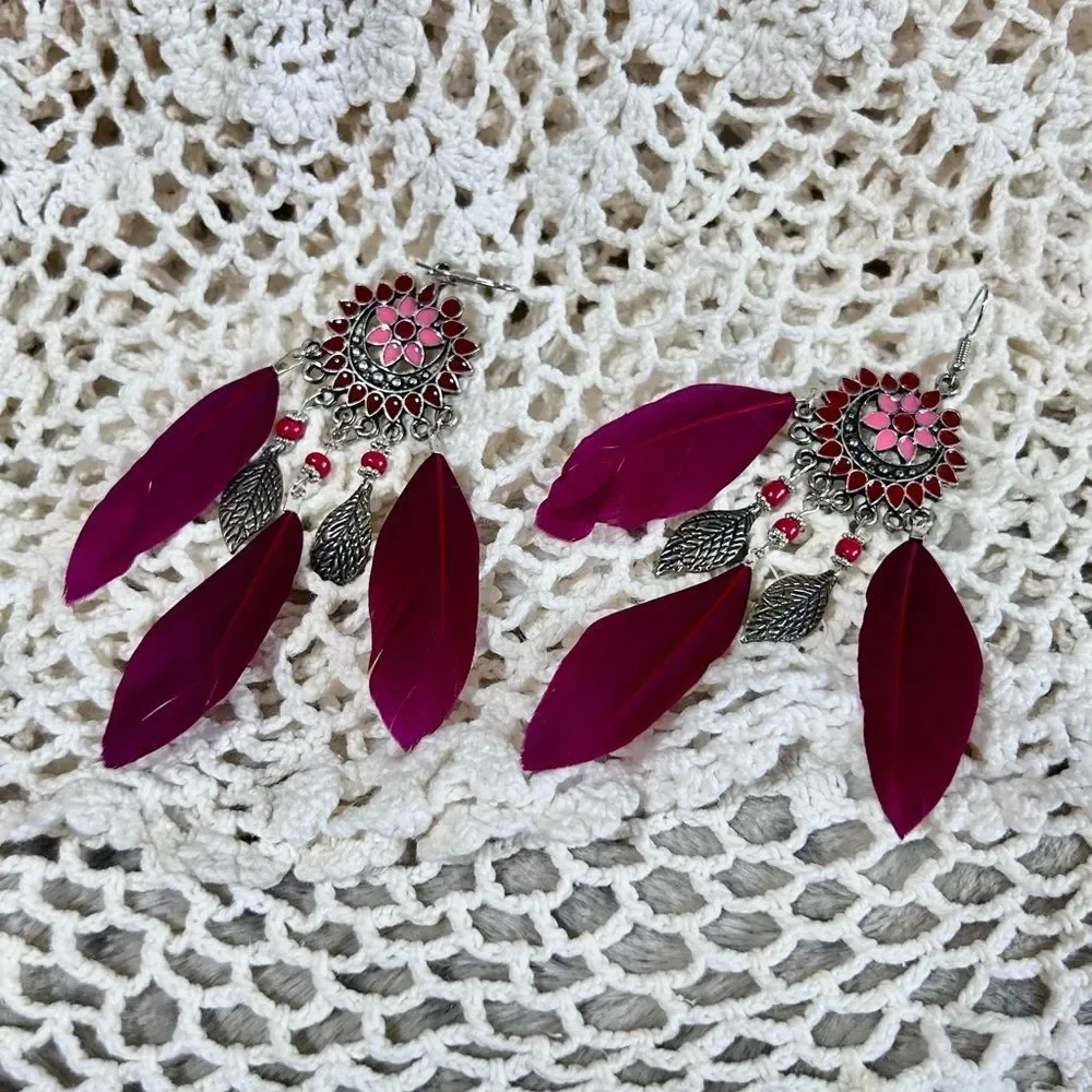 Feather Earrings Boho Vibrant Magenta Burgundy Silver Tone Chandelier Enamel